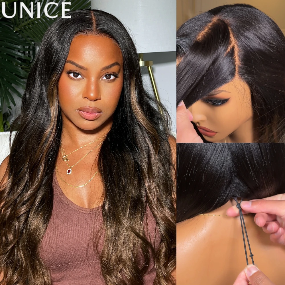 UNice 7x5 Bye-Bye Slip Lace Brown Ombre Yaki Straight Human Hair Wig With Invisi Drawstring Ready-to-go Glueless Wig