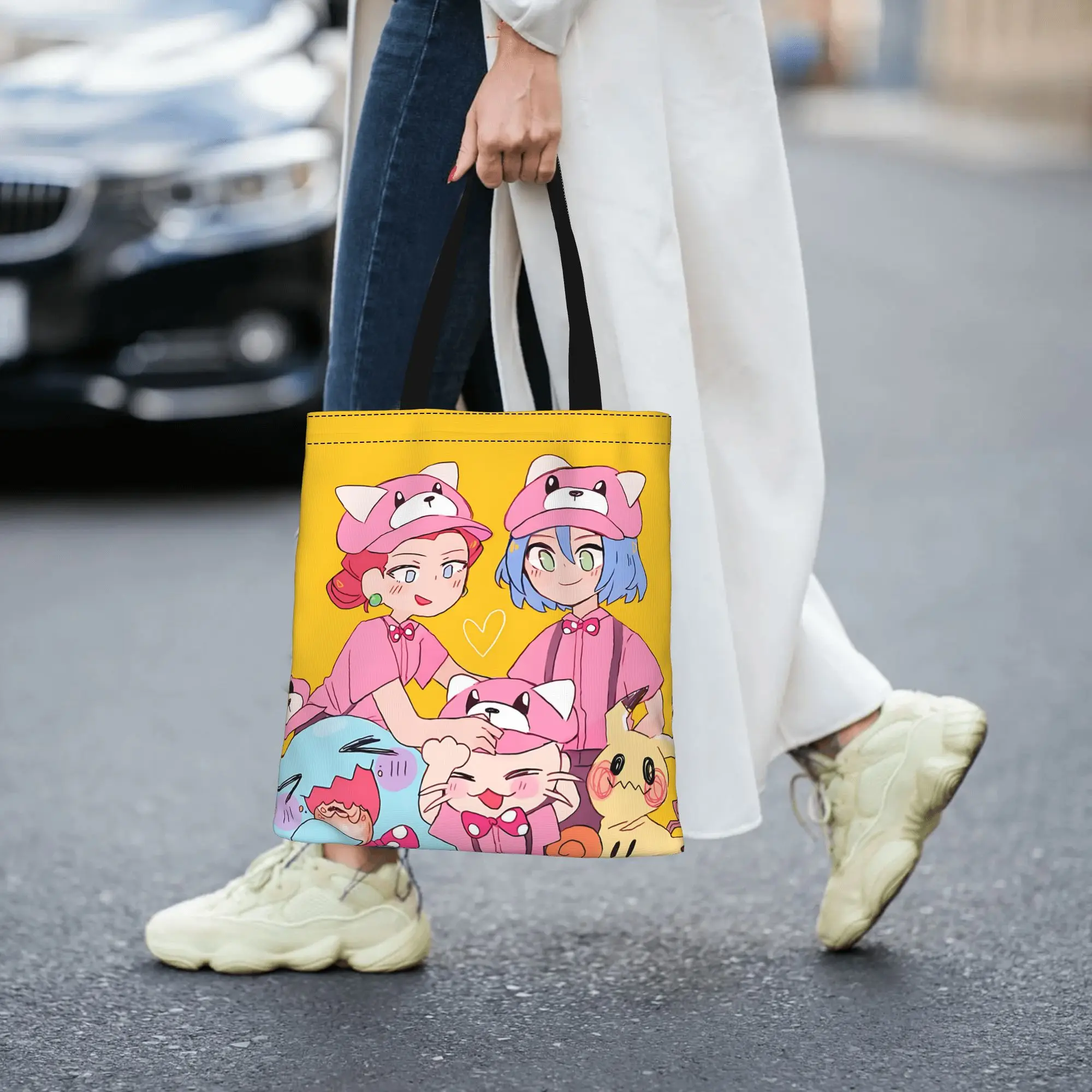 Customized pokemon stickers team rocket Women's Bag Campus Handbag Large Capacity  Canvas Tote Bag Foldable Chic Pattern