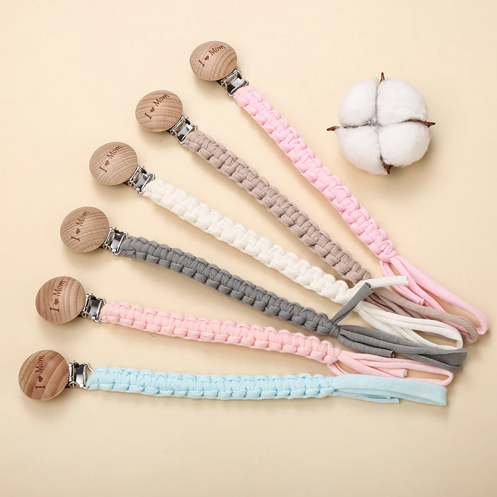 I love mom Beech Wood clips Baby Pacifier Chain Cotton Hand chain Dummy Nipple Holder Guard Teether Pendant Newborn Gifts Stuff