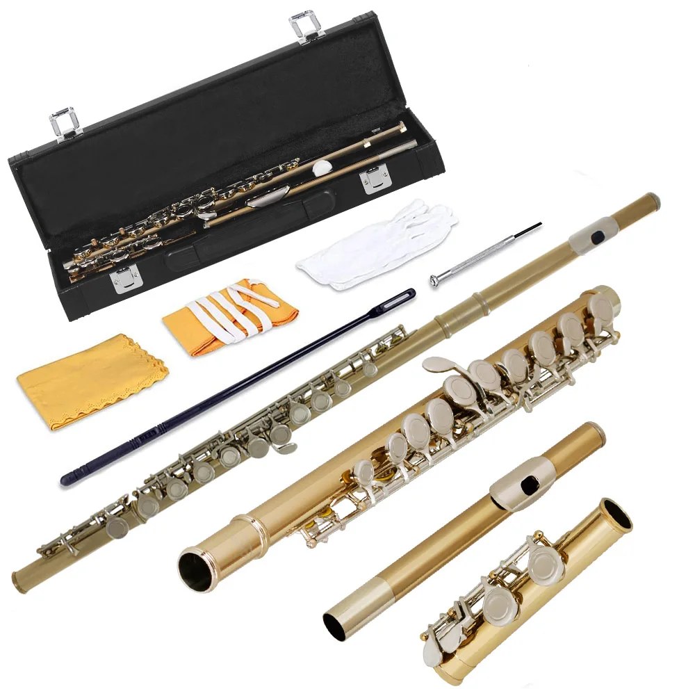 SLADE Gold Silver Flute Closed Hole C Slot - Instrumental Beginner Student Flute  with Case Gloves Cleaning Cloth Screwdriver