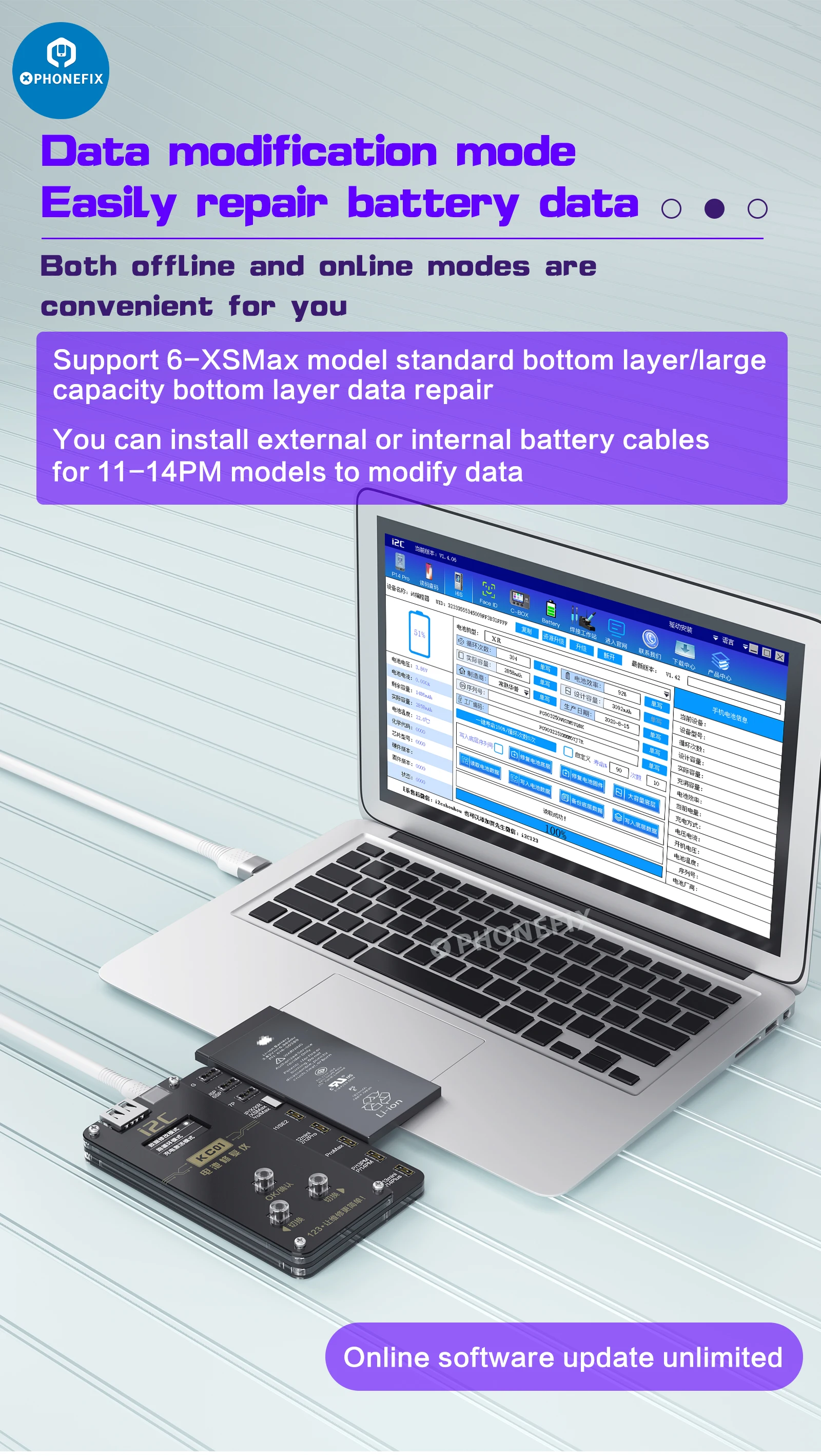 Instrumento de reparo da bateria i2c kc01 para iphone 6-14 pro max bateria leitura de dados de gravação revisão ciclo modificação da bateria saúde