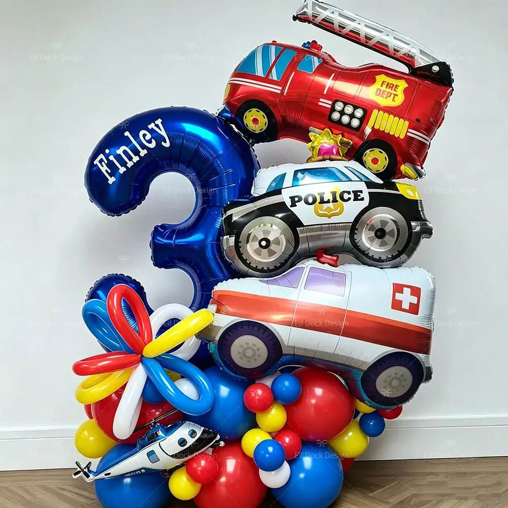 1 ensemble de ballons en aluminium en forme de voitures de dessin animé (ambulance, camion de pompiers, voiture de police) et chiffre numérique bleu de 40 pouces, pour décoration de fête d'anniversaire et cadeau