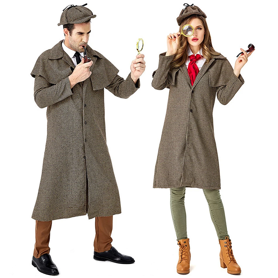 

Женский и мужской детективный косплей, клетчатая одежда с длинными рукавами, ветровка для взрослых, роскошный костюм, комплект шляпы, карнавальная одежда для дня рождения