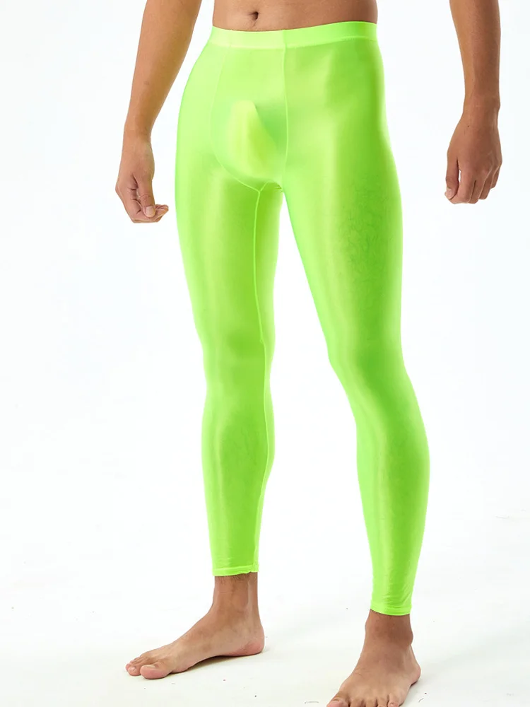 

Sexy Men Stain Oil Shiny Pants Bulge Convex Pouch Tights Men Trousers Leggings Yoga Smooth Pencil Pants Capris Candy Color
