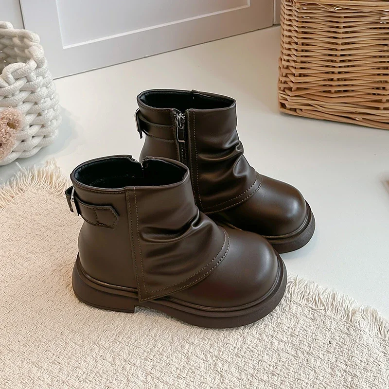 Toddler Girls Ruched Ankle Boots, Decorative Buckle, Side Zipper, Thick Non Slip Sole, Simple Short Boots for Autumn Winter