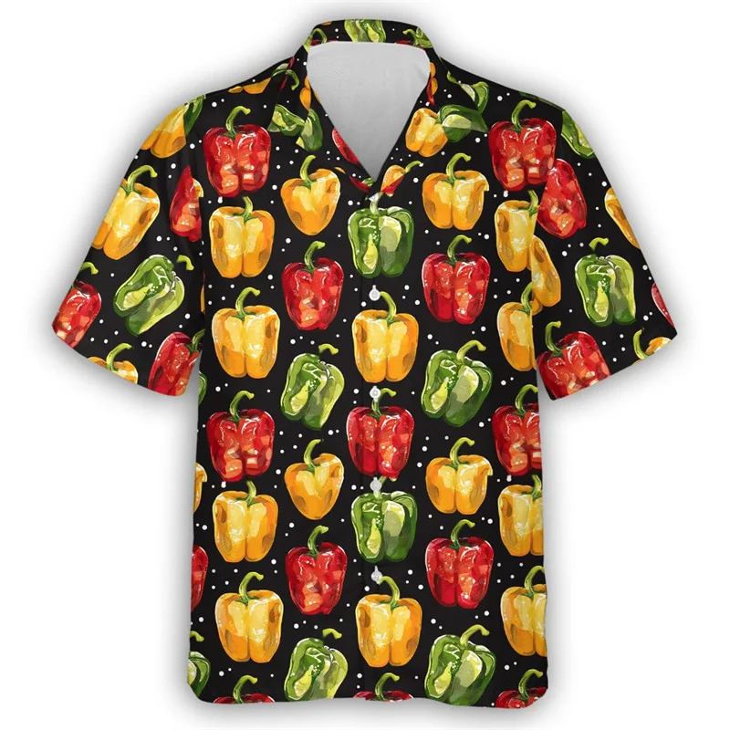 Pepper Tomato Carrot Graphic Hawaiian Shirt For Men Green vegetables 3D Printed Aloha Shirts Leisure Blouses Street Lapel Tops