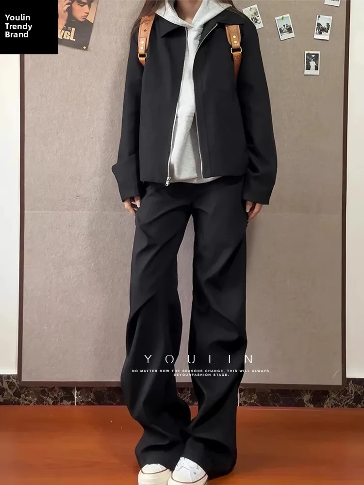 

Black Pleated Wide Leg Pants Men's Casual Straight Cut Trousers Autumn Season High Waist Loose Fit Drapey Pants American Style