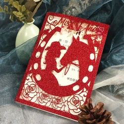 50 Pieces Red Glitter 15th Birthday Princess Invitation Card, Laser Horse and Girl Customize Print Quinceanera Cards IC147