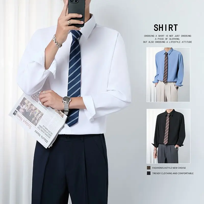 Pure Color Slim Fit Long Sleeve Men's Shirt Casual Autumn Business Formal Iron Free Polyester Fiber Antibacterial High Elasti...