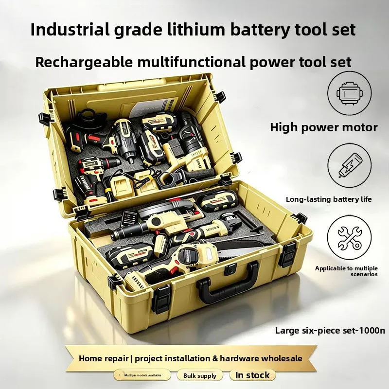 6-Piece Cordless Power Tool Kit with Impact Wrench, Chain Saw, Angle Grinder, Drill and Hand Saw in a Blow-Moulded Tool Case
