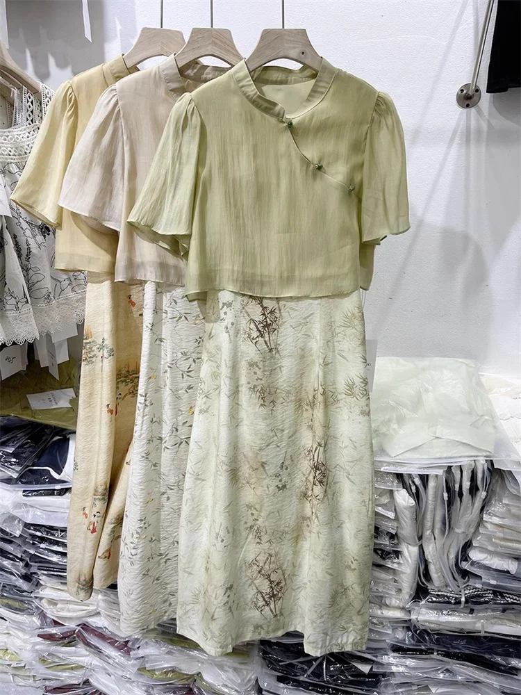 

plus Size Summer Women's Fashionable Chinese Style Chiffon Top And Skirt Set National Trend Strap Dress Two-Piece Set