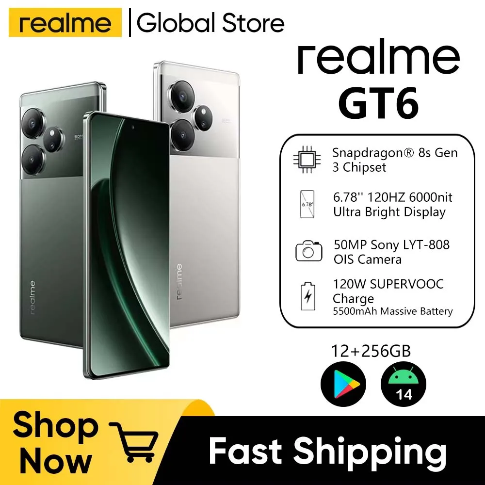 realme GT6 5G 6.78 120Hz 6000nit Display Smartphone Android 14 Next AI Snapdragon 8s Gen 3 Processor 5500mAh 120W Battery NFC