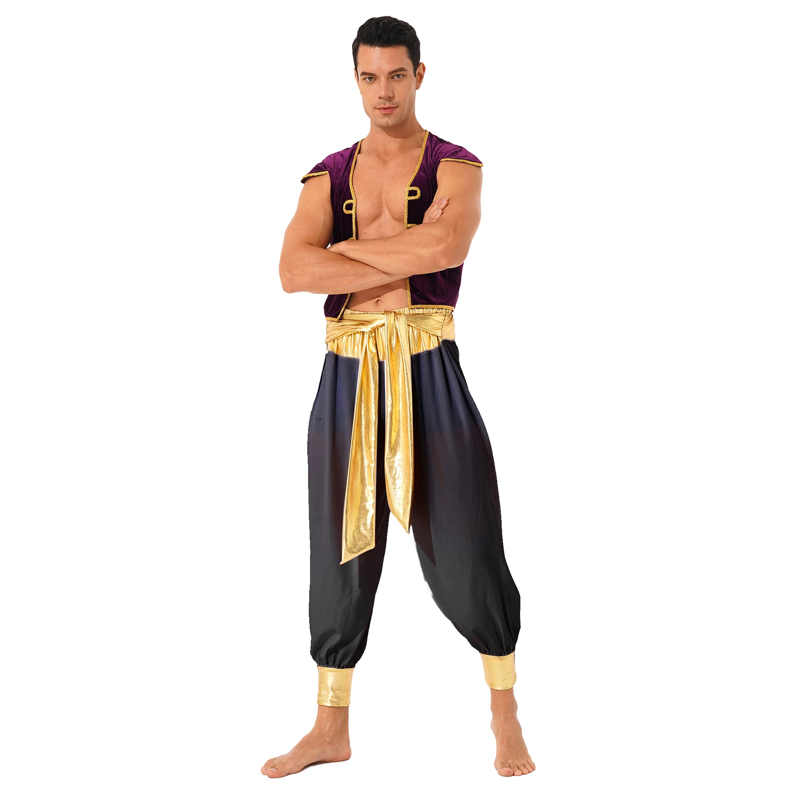 Mens Boys Lamp Prince Mythical Anime Aladin Kings Cosplay Party Outfit Cap Sleeve Vest Waistcoat with Belted Bloomers Pants