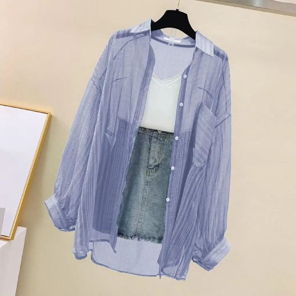 Women Chiffon Shirt Midi Length Chiffon Shirt Loose Fit Single Breasted Women's Top with Long Sleeves Sun Protection Solid Color