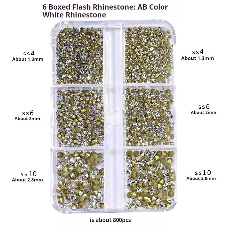 6Grids Clear/AB colours Diamond 3D Nail Art Decoration Sharp Bottom Mixed Size Crystal Nail Rhinestone DIY Manicure Stone