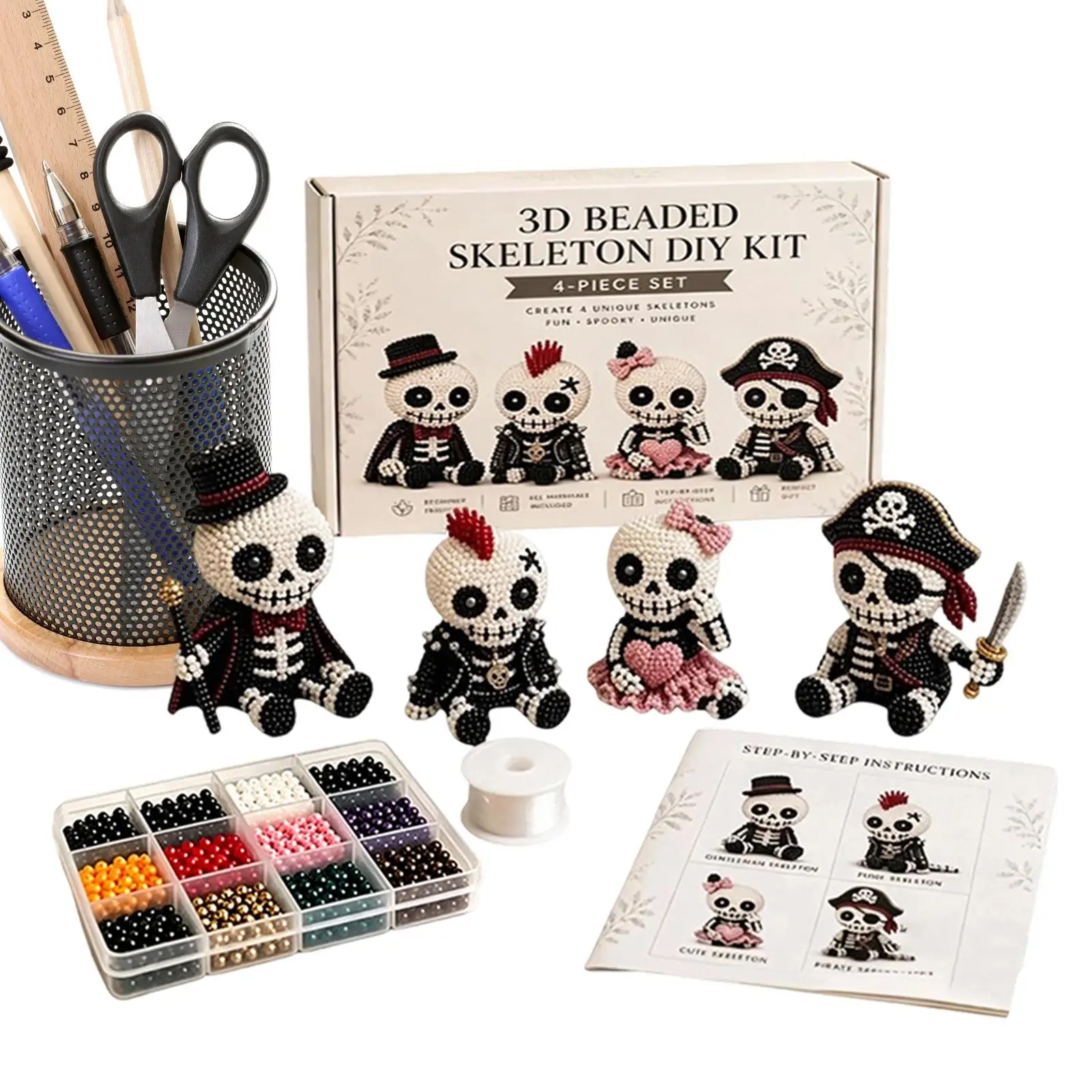 Handmade Beaded 3D Skeleton Adorable Halloween Decoration Keepsake For Home Party Classroom Dorm Fun Craft, Women Beginners