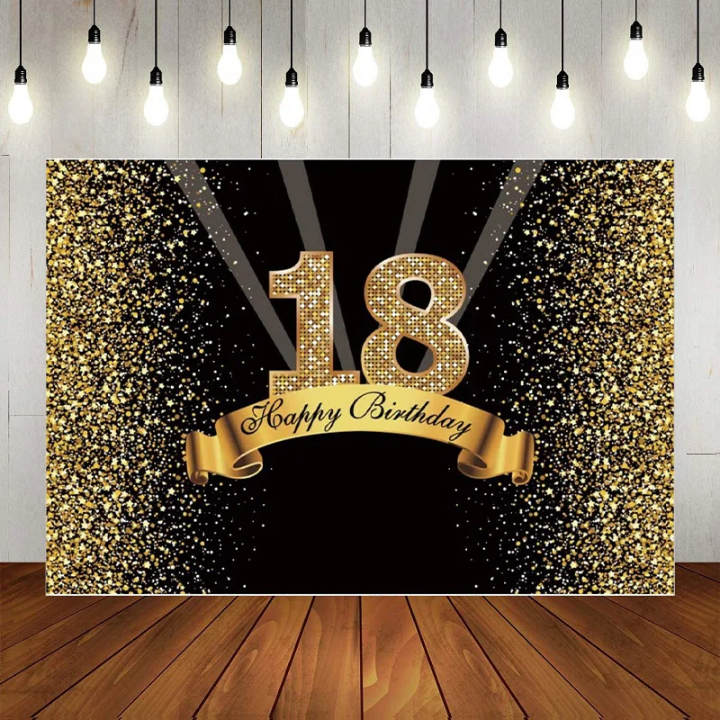 Happy 18th Birthday Photography Backdrop Glitter Black Gold Theme Background Banner Poster Decoration Party Princess Prince