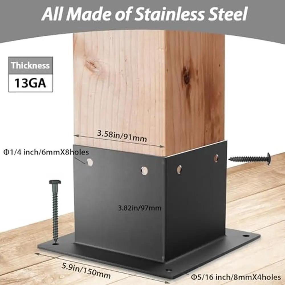 

4x4 Stainless Steel Deck Post Base 4pcs Internal 3.5"x3.5" 13ga Thick Matte Black Powder Coating Post Anchor Bracket Sturdy &