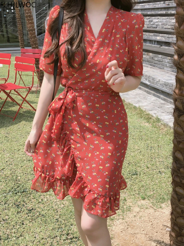 V Neck Dresses Women Japan Korean Design Short Sleeve Cute Sweet Girls Slim Waist Belt Bow Tie Floral Printed Chiffon Dress
