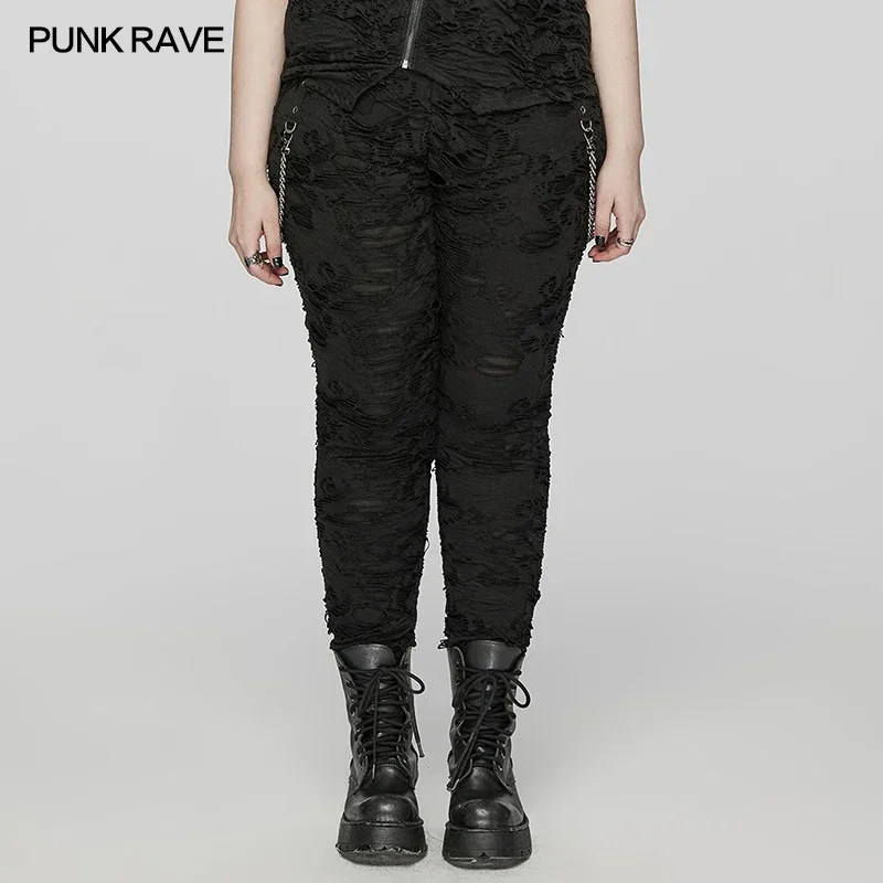 PUNK RAVE Women's Wasteland Knit Elastic Tie-dyed Tattered Texture Splicing Leggings Daily Handsome Pants Connect The Chain