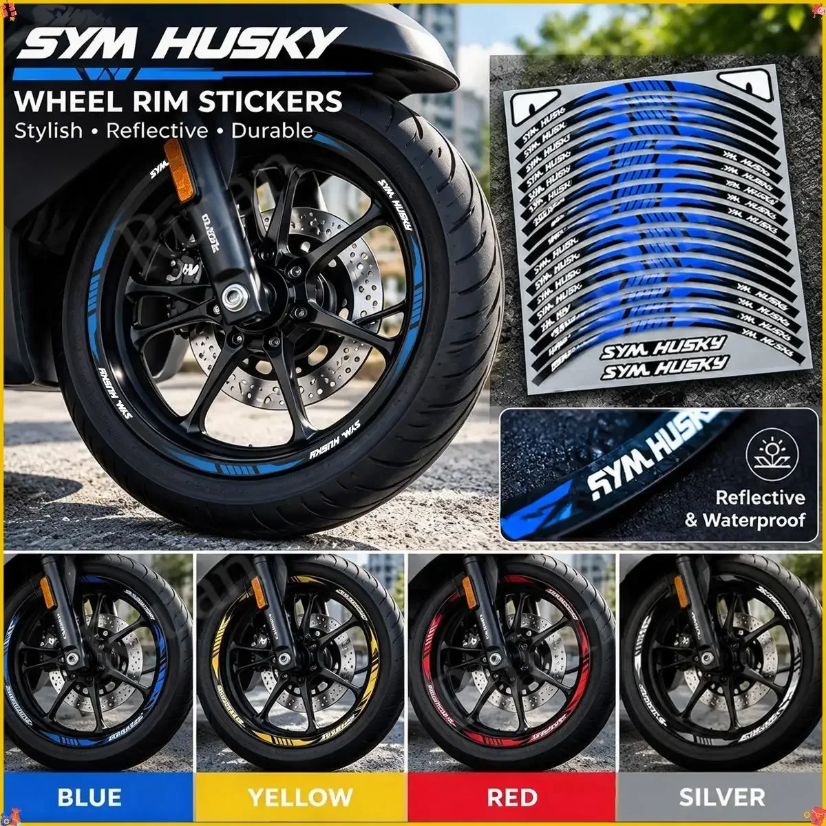 For SYM Husky Wheel Rim Reflective Stickers Motorcycle Wheel Hub Decal Waterproof Rim Tape 4 Colors Available Easy Installation
