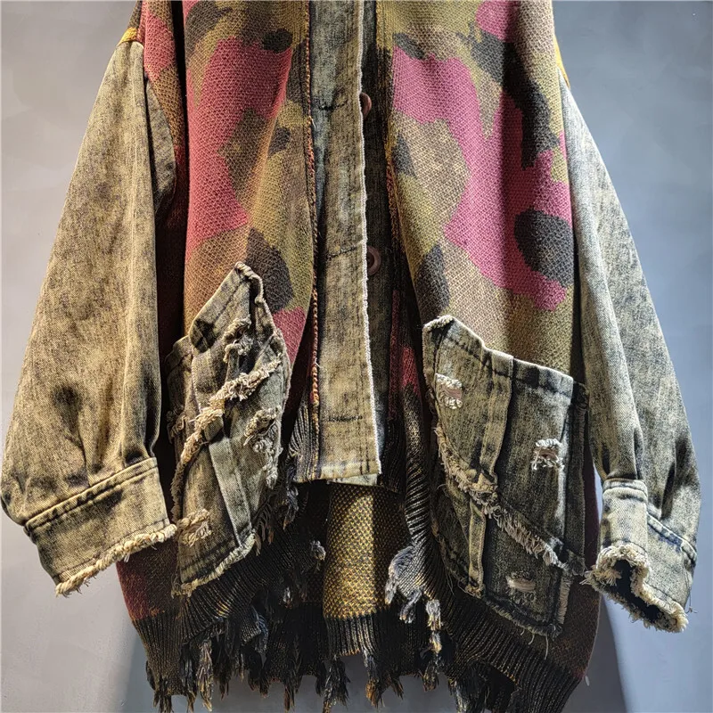 WTHT Vintage Fashion Women's Print Design Knit Spliced Denim Irregular Hoodies 2025 Long Sleeves Jacket Female 1LS2213