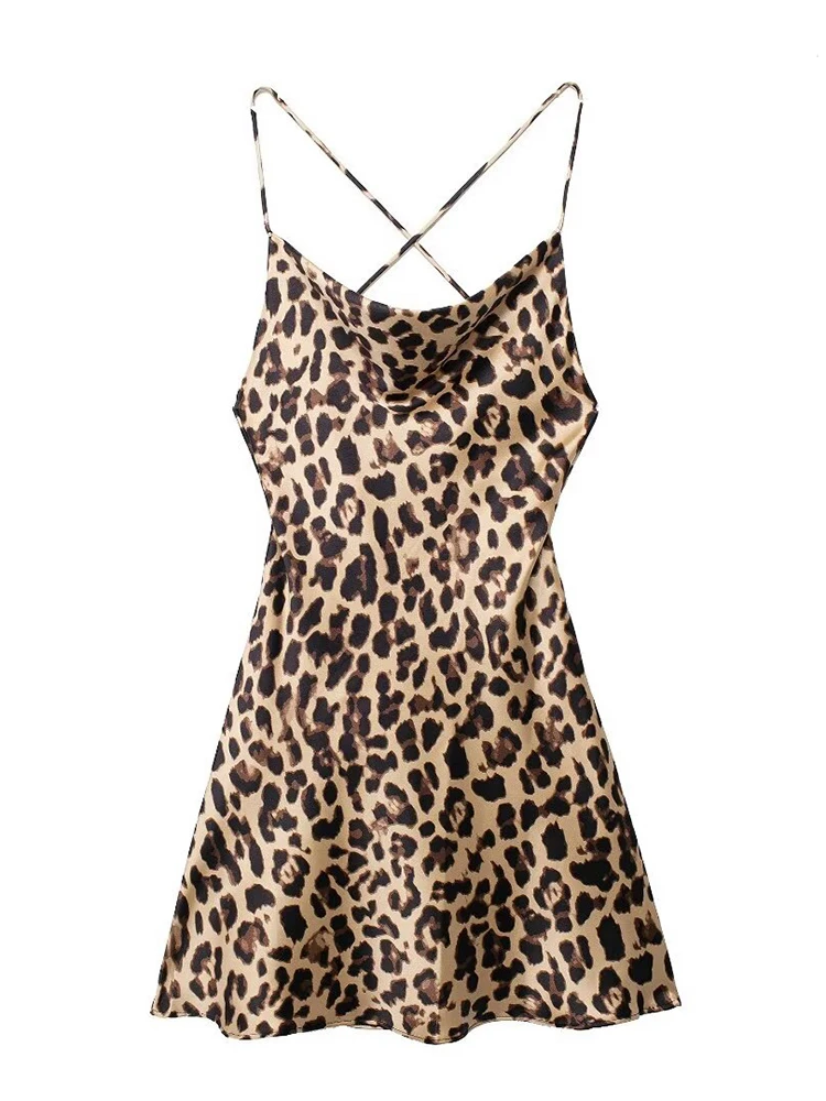 TRAF  Women's Sexy Mini Wrap Hip Dress Summer New Backless Sling Leopard Short Dress Holiday Beach Party Fashion Women's Dress