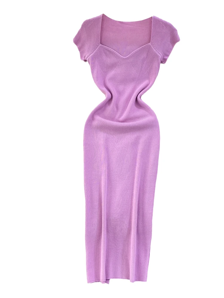 Coreano Sle Summer Knitted Dr Colletto quadrato ow Clavicola Dimagrante di media lunghezza Ba Split Wrap around Body a vita alta