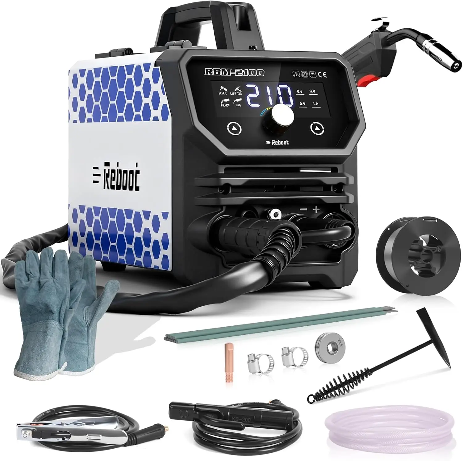 

Reboot RBM2100 210A 120V 4-in-1 MIG Welder, Gas/Gasless Flux Core/Lift TIG/Stick, Large Digital LED Display & IGBT Inverter