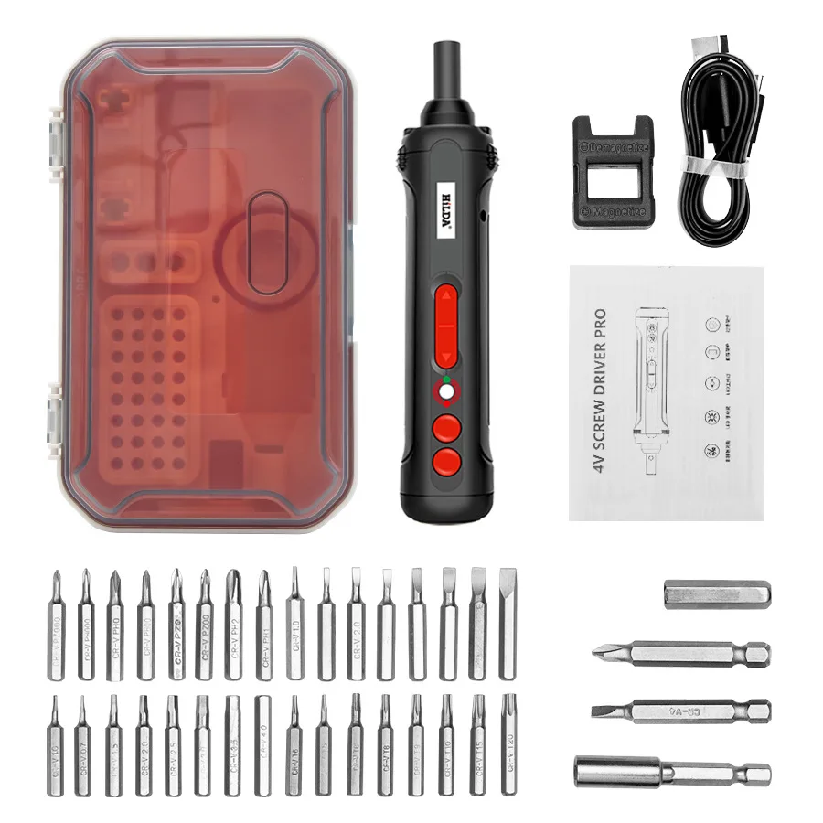 

4V Magnetic Chuck Mini Cordless Electric Screwdriver Set with 37 Bits,2000mAh Rechargeable Battery and Dual Lights