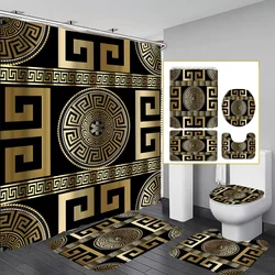 Luxury Black Gold Bathroom Set - Greek Key Pattern Shower Curtain, Non-Slip Rug, U-Shaped Mat, Toilet Seat Cover, Elegant Decor