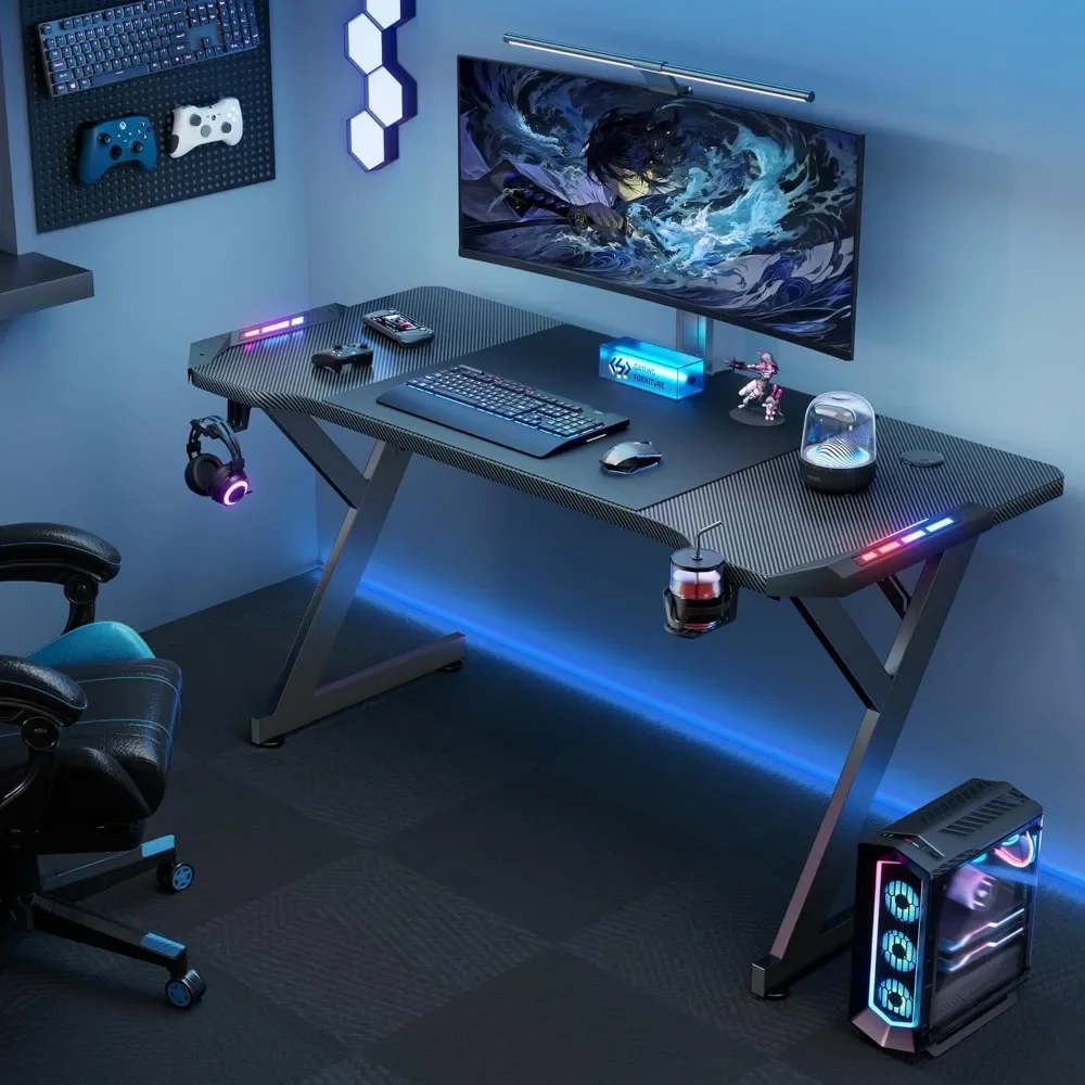 47 INCH Gaming Desk with LED Lights, Home Office Gamer Desk, Ergonomic Computer Table with Large Carbon Fiber Desktop