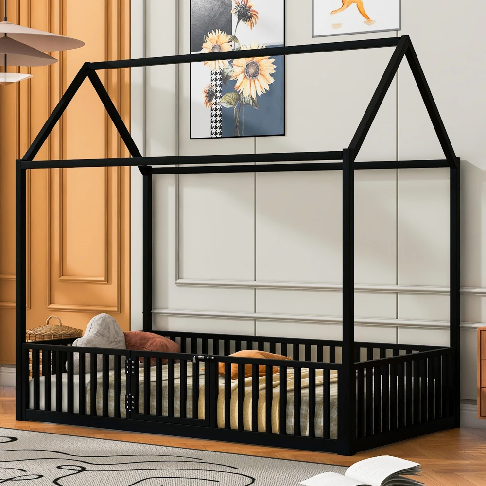 

Twin Size Metal House Bed with Fence and Door, Black