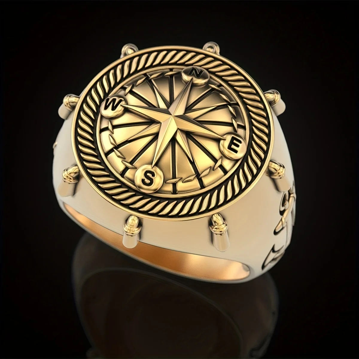 Original Design Vintage Compass Rings for Men Luxury 18K Gold Plated Voyage Anchor Punk Ring Fashion Male Jewelry