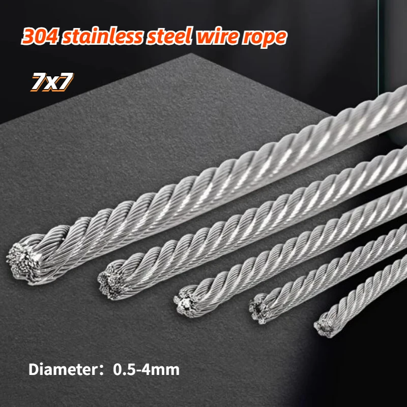 5/10/20/50meters  304 Stainless Steel Wire Rope Lifting Wire Rope  0.5mm/0.8mm/1mm/1.2mm /1.5mm/2mm /2.5mm/3mm /4mm 1x7 7x7