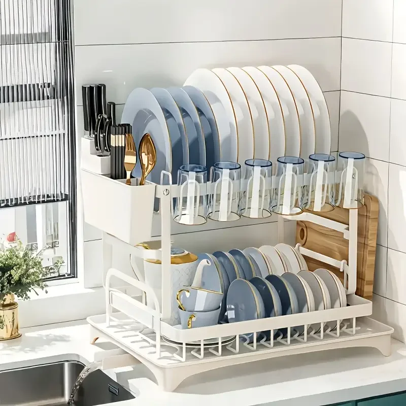 

2 Tier Dish Drainer Rack, Carbon Steel, Dish Drainer, Drying Rack, Black, For Dishware, With Utensil Holder, White