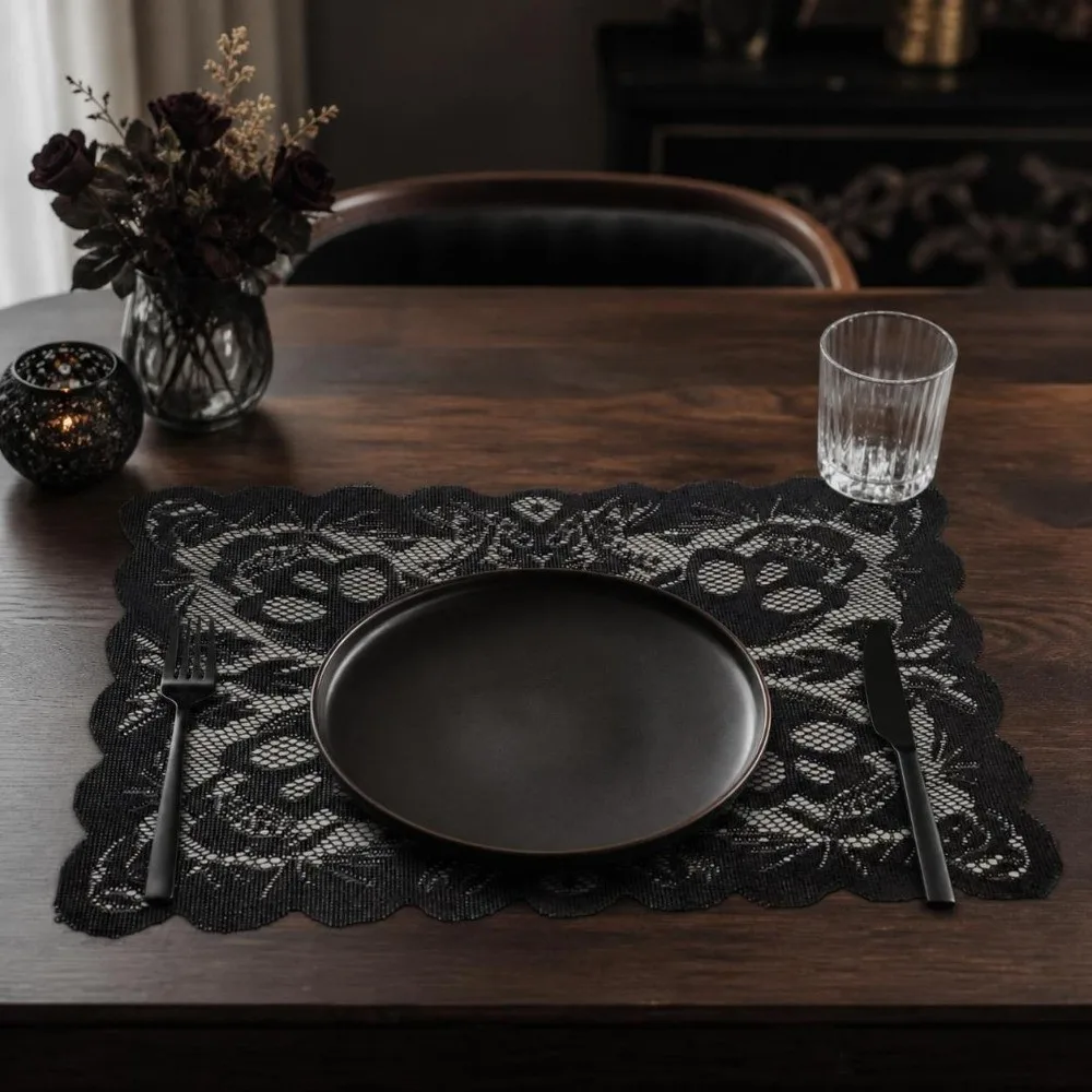 Gothic Style Halloween Placemats Skeleton Bat Decoration Table Napkins Spider Web Coaster Lace Table Mat Halloween Party