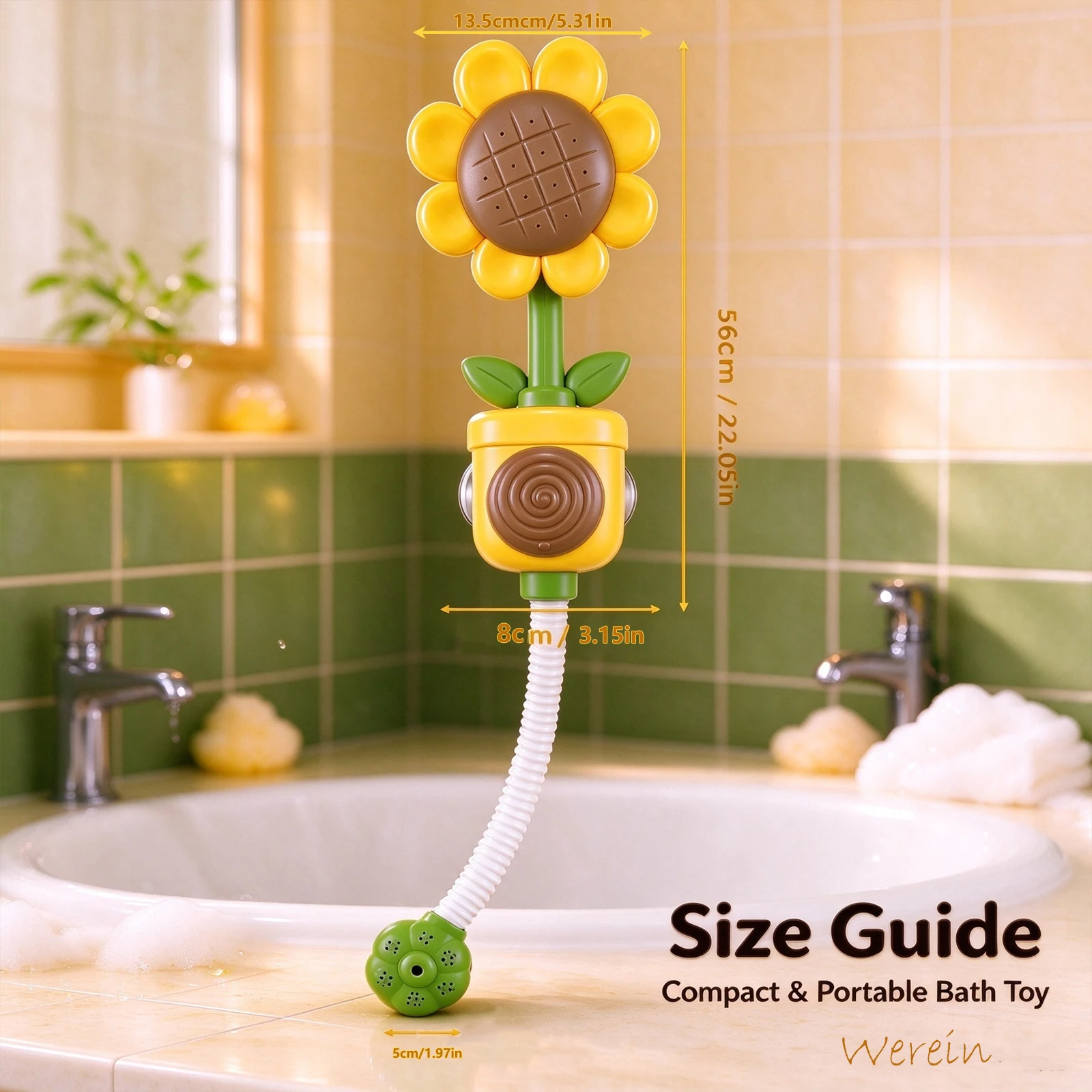 WeRein Sunflower Shaped Manual Press Sprinkler Baby Bath Toy 18M+ Fun Water Pressure Sprayer Primary Colors for Toddlers