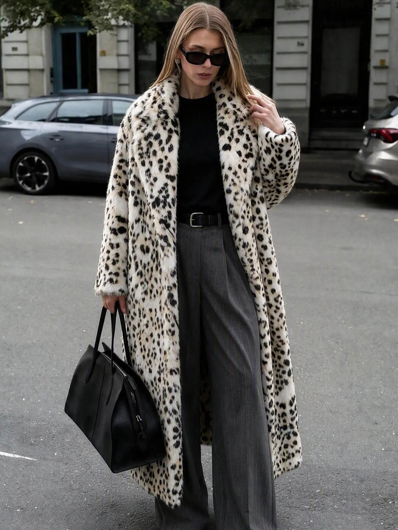 HH Women Leopard Print Faux Fur Long Coat Lapel Open Front Loose Causal Winter Vacation Fashion Party Long Sleeve Outerwear