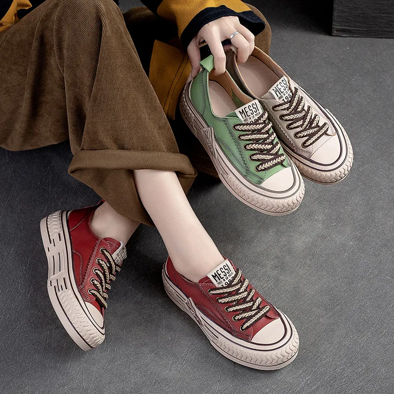 GKTINOO 2024 New Spring Genuine Leather Women Shoes Sneakers Lace-up Sewing Flat Handmade Leisure Comfortable Ladies Shoes