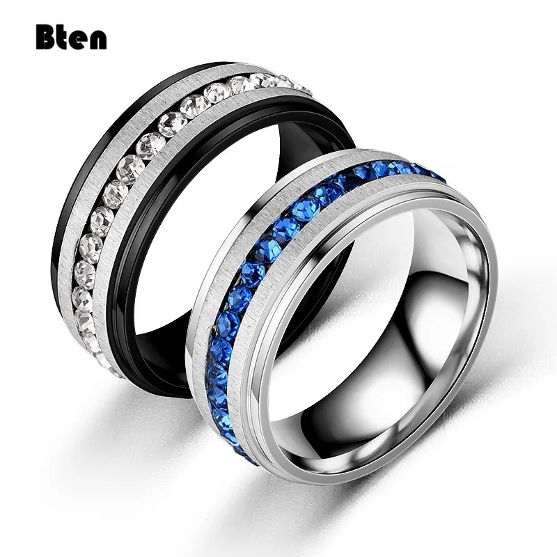 Bten Charming Trendy Blue Full Crystal Stainless Steel Women Lady Girl Party Rings Engagement 8mm Rings Fashion Jewelry