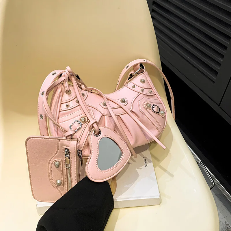 2025 New 3-in-1 Women's Bag, Studded Fringe Crossbody Purse, Crinkle Leather Tote, Versatile Underarm & Shoulder Bag for Daily