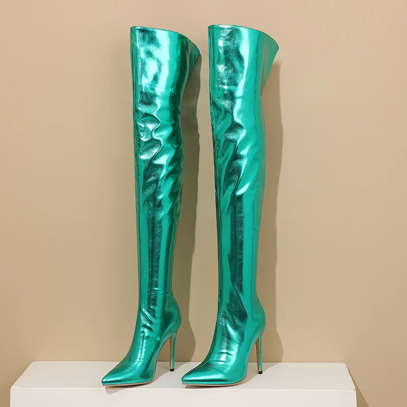 Bright Patent Leather Material Ultra-High Thin Pointed Sexy Over The Knee Boots Breathable Inner Lining Zipper Sewing Long Boots