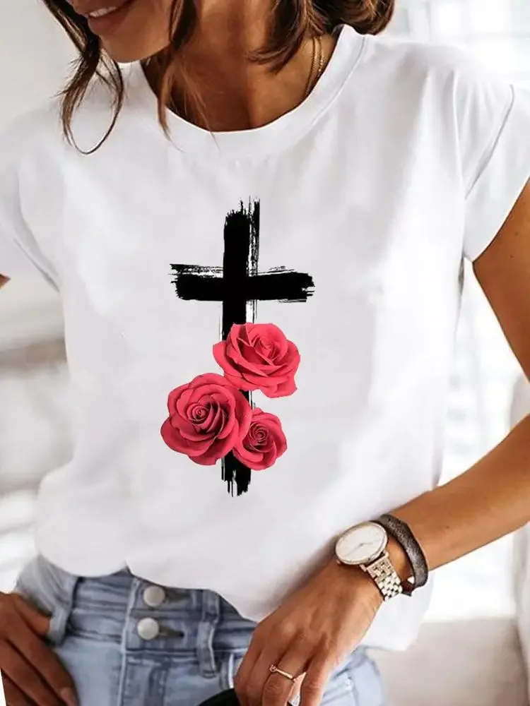 Fashion Short Sleeve Casual T-shirts Clothes Women Female Watercolor Make Up Flower Summer T Clothing Ladies Print Graphic Tee