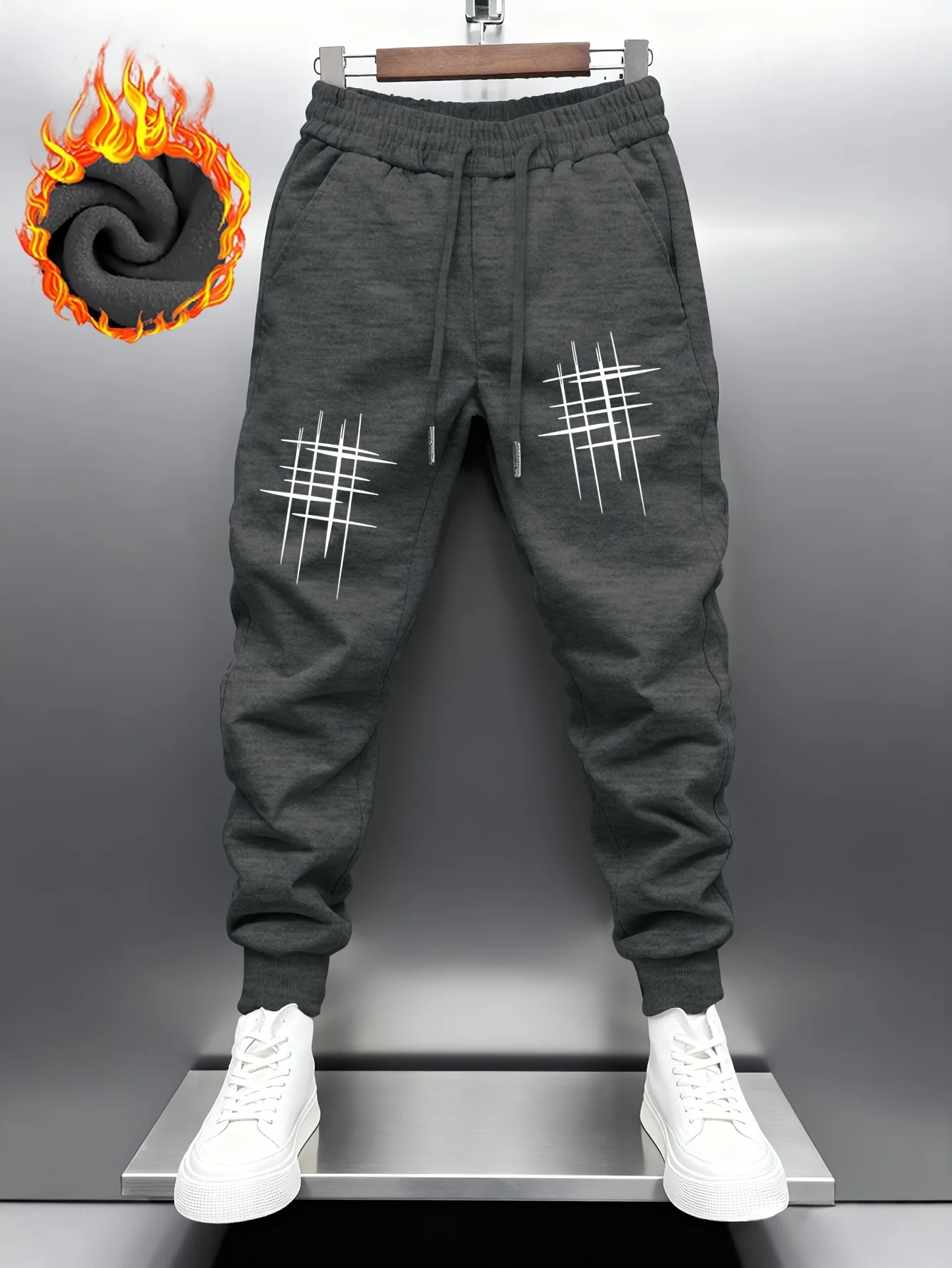 Men Fleece Lined Geometric Line Print Jogger Pants, Drawstring Cuffed Warm Loose Casual Street Sweatpants