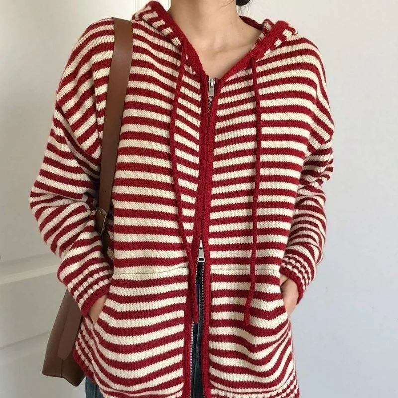 Autumn New College Style Stripe Hooded Sweater Coat Women\'s Contrast Color Zipper Pockets Loose Lazy Long Sleeved Knit Cardigan