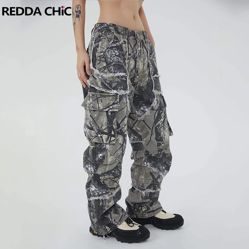 

ReddaChic Boyfriend Big Pocket Cargo Jeans Women 90s Retro Camouflage Low Waist Raw Edge Wide Leg Casual Pants Y2k Streetwear