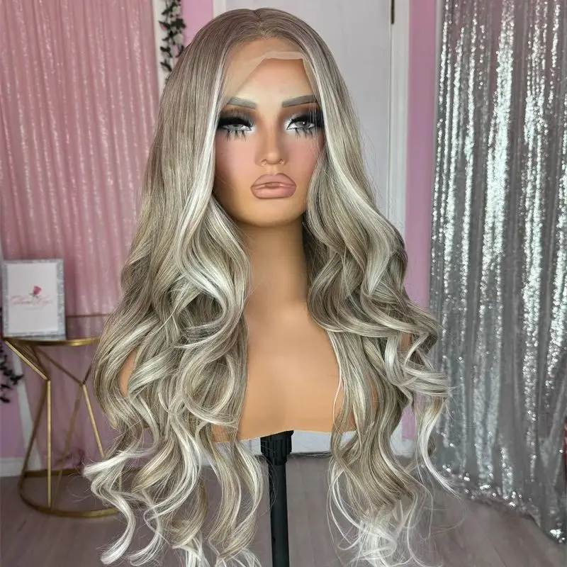 28 ''الطبيعية قبل قطعها شعري واقعي الرماد غريري شقراء الاصطناعية الحرارة ودية HD الدانتيل شعر مستعار أمامي Balayage غطاء متوسط الحجم