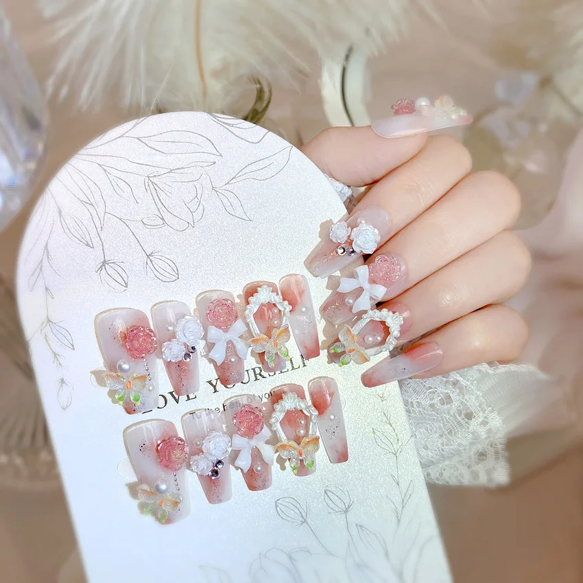 

24pcs-Handmade Wearable Nail Art Finished Nail Sheets Boxed Fake Nails Bow Tie Gentle Bride Nail Patches for Women and Girls