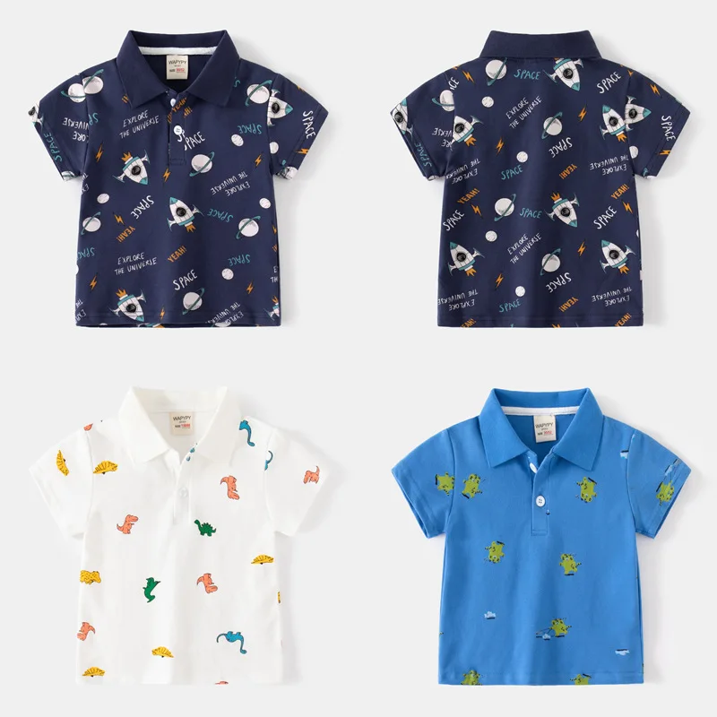 

Children's Short SleevepoloShirt2024New Boy Cartoon Full Printed Short Sleeve Baby Polo Collar Top Wholesale